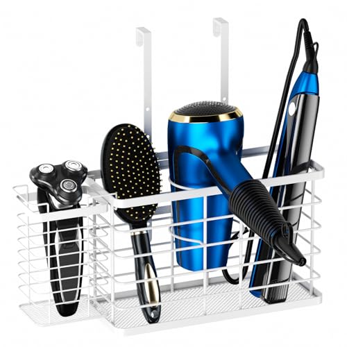 Agotglmi Hair Tool Organizer, Dryer Holder, 3 in 1 Blow Bathroom Organizer Wall Mounted/Cabinet Door for Flat Iron, Curling Straightener, Care & Styling Tools Storage Basket (White) - color: White