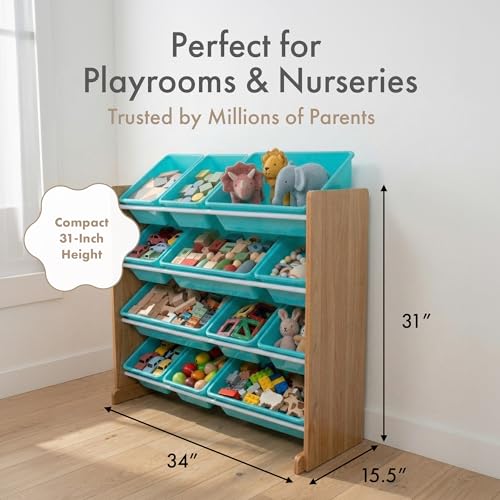 Humble Crew Toy Storage Organizer with 12 Removable Storage Bins for Kids Playroom, 4-Tier Toddler Toy Organization, Natural Wood/Aqua - color: Natural Wood/Aqua