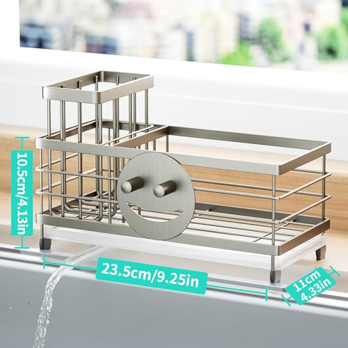 HapiRm Sink Caddy Sponge Holder - Self-draining Kitchen Sink Organizer with Smiley Face and Brush Holder, Stainless Steel Kitchen Organizer for Countertop - Brushed Nickel - color: Brushed Nickel, size: Twin