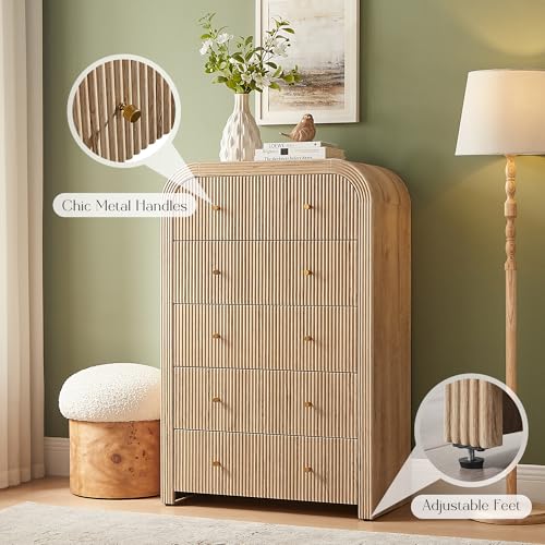 T4TREAM Fluted Dresser with 5 Drawers, 48" Tall Modern Chest of Drawers with Thickened Curved Profile Design, Wood Closet Clothes Storage Organizer for Bedroom, Living Room, Hallway, Natural Oak - color: Natural Oak, size: 15.7"D x 31.5"W x 47.6"H (5 Draw