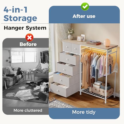 DUMOS Dresser for Bedroom with Hanging Rack, 6 Drawer Fabric Dresser with Charging Station and LED Lights, Closet Organizer & Storage Tower for Living Room, Entryway, Apartment, Light Grey - color: Light Grey, size: 15.8"D x 47.2"W x 49.2"H (6 Drawers)