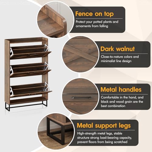 Maupvit Shoe Storage Cabinet with 3 Flip Drawers, Freestanding Organizer with Metal Legs for Entryway, Narrow Shoe Rack Cabinet, Dark Walnut - color: Dark Walnut, style: 3-Drawers