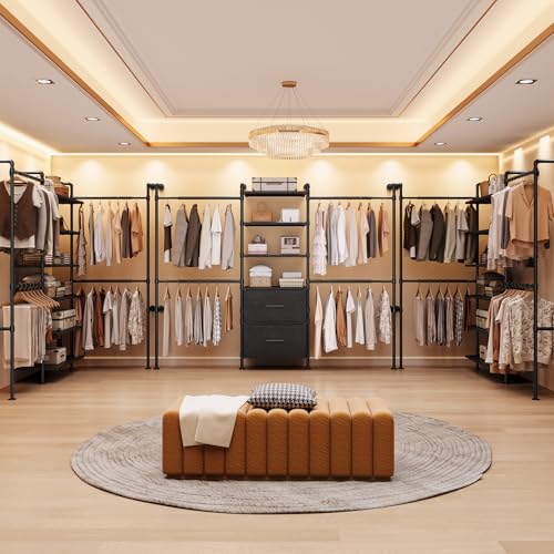 ONBRILL T2 Wall Mounted Industrial Pipe Clothing Rack, Closet Organizers and Storage System with 2 Drawers, 6 Wooden Shelves & 4 Expandable Rods, Heavy Duty Garment Rack, Wardrobe (Black)) - color: Black
