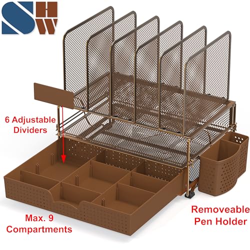 Simple Houseware Mesh Desk Organizer with Sliding Drawer, Double Tray and 5 Upright Sections, Copper - color: Copper