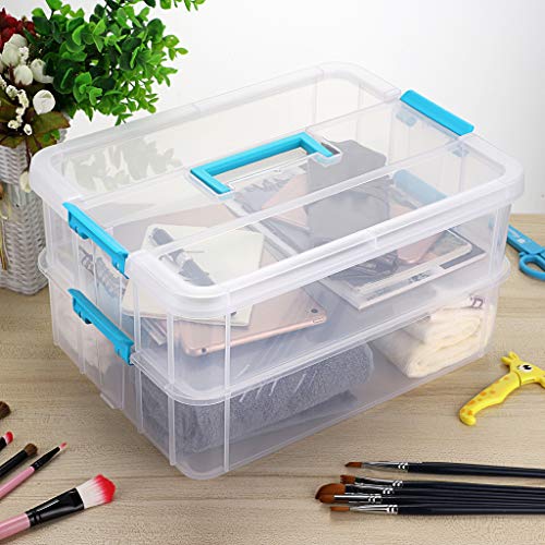 BTSKY 2 Layer Stack & Carry Box, Plastic Multipurpose Portable Storage Container Box Handled Organizer Storage Box for Organizing Stationery, Sewing, Art Craft, Jewelry and Beauty Supplies Blue - color: Blue