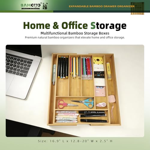 BAMOTTO CRAFTBAMBOO Expandable Bamboo Kitchen Drawer Organizer – Silverware Organizer, Utensil Holder & Cutlery Tray Drawer Dividers for Flatware (20"x16.9" Large Size, 8 Slot, Natural) - color: Bamboo (Expandable Adjustable), size: 16.9" L x 12.8-20" W x