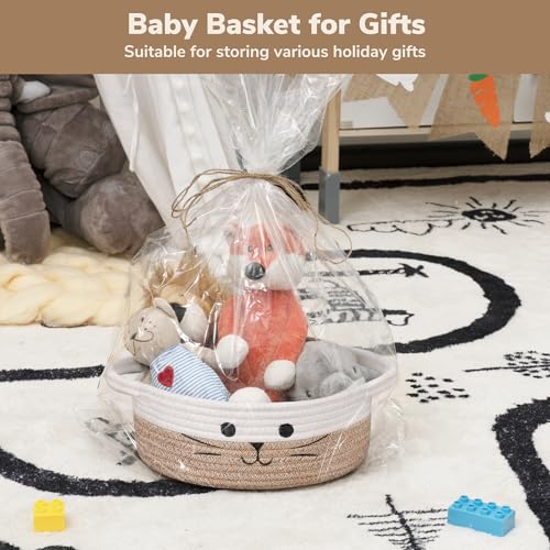Cute Cat Toy Basket, Gift Baskets Empty for Home Decor, Soft Woven Basket for Living Room, Decorative Storage Baskets for Diaper Caddy, White & Brown, 9.8 x 4 inches - color: White & Brown, size: 9.8"W x 4"H