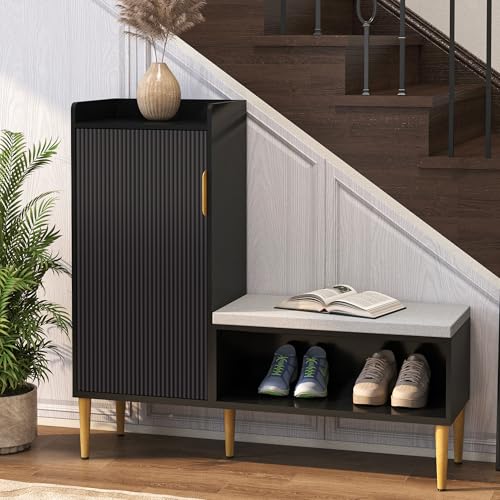 Storage Bench with Fluted Door&Shelf, Modern Entryway Bench with Padded Seat, L-Shaped Shoe Organizer Cabinet for Hallway, Living Room, Office, Black - color: Black
