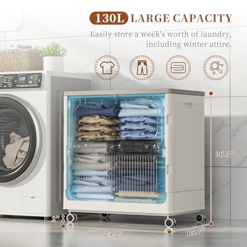 HAIXIN HOME Rolling Laundry Hamper with Lid, 130L Large Capacity Clothes Hampers for Laundry, Plastic Collapsible Laundry Baskets with Wheels and Lid, Install-Free & Easy to Transport to Laundry Room - color: Milky, size: 130L - 1 Pack