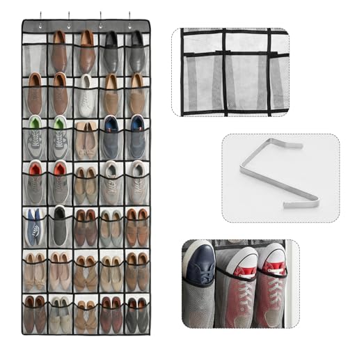 Over the Door Shoe Organizer with 35 Large Pockets Hanging Shoe Rack Storage Holder for Men Women Gray