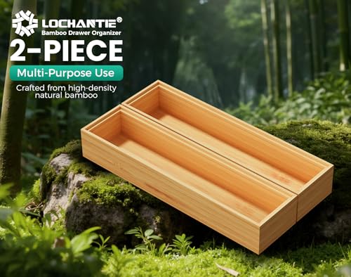Bamboo Kitchen Drawer Organizer Boxes – 12" x 3" Stackable Wood Silverware Utensil Tray for Drawers Bins, Cutlery & Flatware Storage – Wooden Organizers Set of 2 for Junk Drawer, Bathroom, RV - size: 12" x 3" x 2"