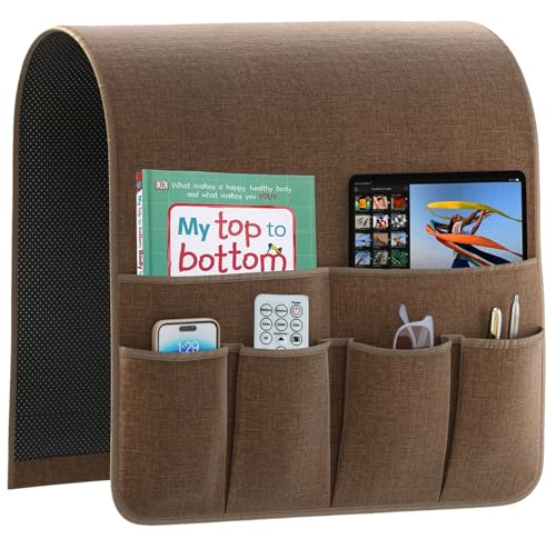 Armrest Organizer Non Slip Remote Control Holder Arm Chair Couch Caddy For Recliner Sofa Bedside With 6 Pocket Storage for Tablet Phone iPad (Coffee, W19 x L33) - color: Coffee, size: W19" x L33"