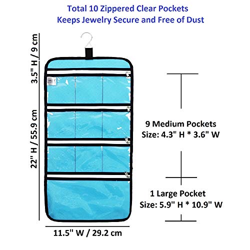Hanging Jewelry Organizer with 10 Zippered Clear Pockets for Travel Suitcase and Home Closet Jewelry Storage Bag (BLUE) - color: BLUE