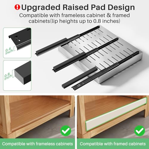 Pull out Cabinet Organizer, Stainless Steel Expandable(12"-20") Heavy Duty Slide out Drawers Fixed with Adhesive Nano Film for Pots, Roll out Shelf Storage for Kitchen Base(Silver-2pcs)(3 Rails) - color: Silver, size: 21"D×12"-20"W(2 Pack)