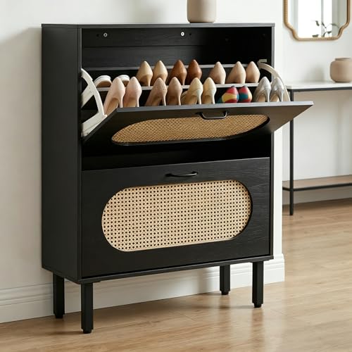 SUNCROWN Shoe Storage Cabinet with 2 Flip Drawers, Freestanding Narrow Shoe Rack Organizer for Entryway, Natural Semi-Circular Rattan Doors with Adjustable Shelves, Black - color: Black, size: Style A