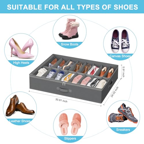 Under Bed Shoe Storage Organizer for Closet, 32 Pairs Sturdy Underbed Shoe Storage Boxes Bins Container Foldable Shoes Storage with Handles & Clear Window for College Dorms Light Grey, Set of 2 - color: Light Grey