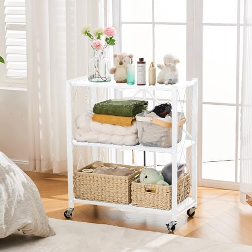 BRIAN & DANY 3-Tier Foldable Storage Shelves with Wheels, No Assembly Folding Shelf Metal Rack, Shelving Unit for Kitchen, Garage, White - color: White, size: 3-tier