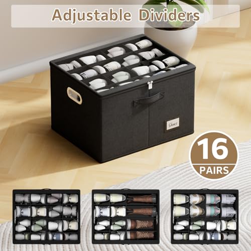 Shoe Organizer for Closet, Large Shoe Box Storage Containers with Clear Window, Space Saving Shoe Bin with Foldable Bottom Support Adjustable Dividers - Fits 16 Pairs (Black, (19.7*15.7*13)x1) - color: Black, size: (19.7*15.7*13)x1