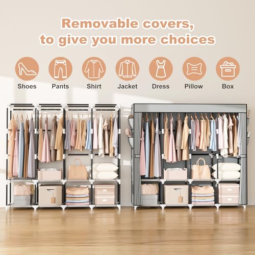 VTRIN Portable Closet for Hanging Clothes 67 Inch Wide Large Capacity Portable Wardrobe Closet with Cover, 4 Storage Shelves and 4 Hanging Rod Sturdy Free Standing Closet for Bedroom, Grey - color: Grey, size: 4 Row - 67'' Wide