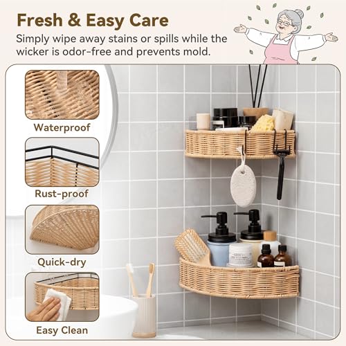 GRANNY SAYS 2 Pack Wicker Corner Shower Caddy Hanging, Shower Shelf for Inside Showers, Adhesive Shelves for Bathroom Organizers and Storage, Bathroom Shelves Wall Mounted for Home Decor, Natural - color: Natural, size: Fan-Shaped