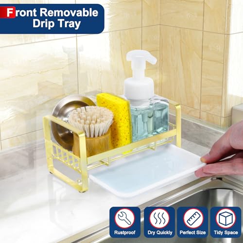 HULISEN Kitchen Sink Sponge Holder, 304 Stainless Steel Kitchen Soap Dispenser Organizer, Countertop Drainer with Removable Tray, not Including Dispenser and Brush, Gold - color: Gold, size: Medium