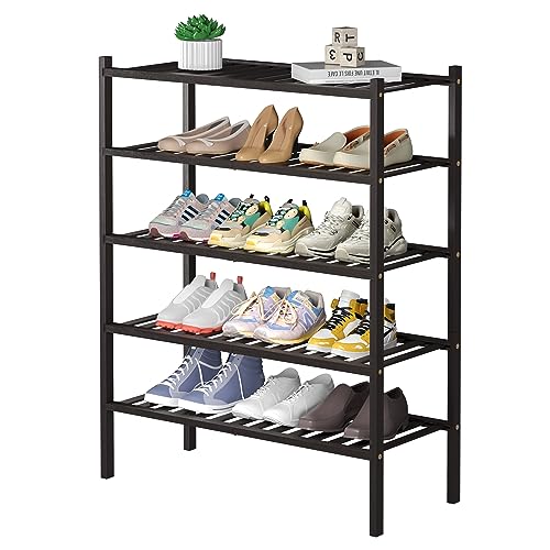 ROMGUAR CRAFT 5 Tier Bamboo Shoe Rack for Closet Free Standing Wood Shoe Shelf for Entryway Small Space Stackable 27"x11"x33" (Brown) - color: Brown, size: 5 tier