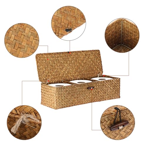 Sumnacon Extended Seagrass Storage Basket with Lid 3-Section Wicker Storage Basket,Small Woven Shelf Basket for Toiletries Tampon Storage,Seagrass Basket for Shelf Bathroom Toilet Counter,Caramel - color: Caramel, size: Large