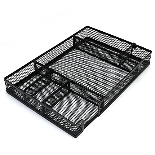 Desk Drawer Organizer Tray with Adjustable Compartments, 6 Grid Metal Mesh Drawer, Multi-use Desk Organizer Storage Box Set for Office,Home,School Supplies, 12.6X9X1.9 inch