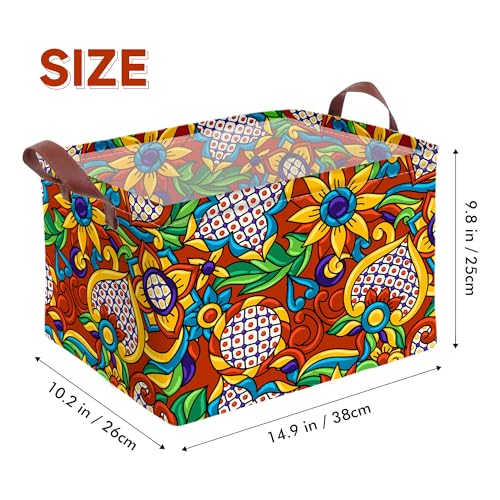 Mexican Talavera Storage Basket Waterproof Canvas Toy Storage Bin Mexican Decor Collapsible Outdoor Basket with Leather Handles Talavera Decor Blanket Baskets For Closets,Bedrooms,Gifts Baskets - color: Mexican Talavera
