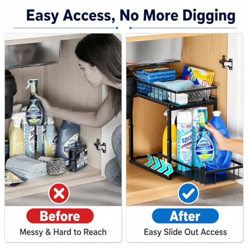 iSPECLE Under Kitchen Sink Organizer - 2 Tier Pull Out Under Sink Storage for Centered Garbage Disposal, Reach Back Items Easily Adjustable Shelf Height Heavy Duty H-Frame for Bathroom Sink Bases