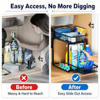 iSPECLE Under Kitchen Sink Organizer - 2 Tier Pull Out Under Sink Storage for Centered Garbage Disposal, Reach Back Items Easily Adjustable Shelf Height Heavy Duty H-Frame for Bathroom Sink Bases
