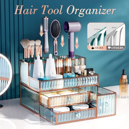 Makeup Organizer Countertop - Tempered Glass Vanity Organizer for Cosmetics, Skincare, Hair Tools, Brushes, Perfume - Multipurpose Bathroom Counter Skincare Organizer - color: green