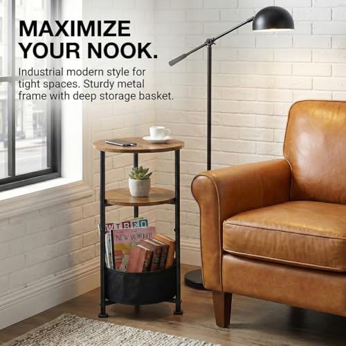 Small Round Side Table with Storage Basket, 3-Tier Narrow End Table Nightstand for Living Room Bedroom, 11.8" Diameter Modern Bedside Table for Small Spaces, Wood Grain & Metal Frame (Rustic Brown) - color: Rustic Brown