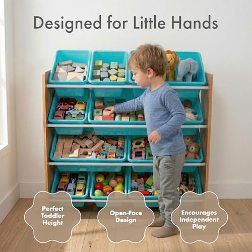 Humble Crew Toy Storage Organizer with 12 Removable Storage Bins for Kids Playroom, 4-Tier Toddler Toy Organization, Natural Wood/Aqua - color: Natural Wood/Aqua
