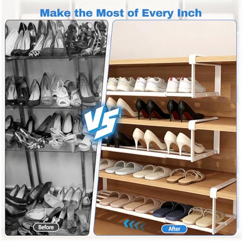 VZZNN 4 Pack Expandable Shoe Rack Organizer, Adjustable Under Shelf Storage for Shoes, Closet Cabinet Shelf Organizer for Home Organization and Space Saving (White)