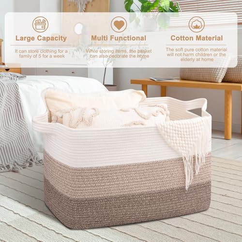 OIAHOMY Extra Large Blanket Basket, 110L Cotton Rope Woven Laundry Basket, Toy Bin for Baby Room, Container for Blanket Storage in Living Room, 24.8''×17.3''×15.8'', Gradient Brown - color: Gradient Brown, size: 110L