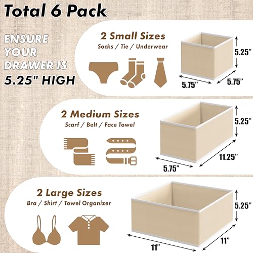 Simple Houseware Underwear Drawer Organizer for Lingerie/Undergarment/Bra/Panty/Sock/Onesie, Set of 6, Beige - color: Beige, size: Set of 6 - 2L / 2M / 2S