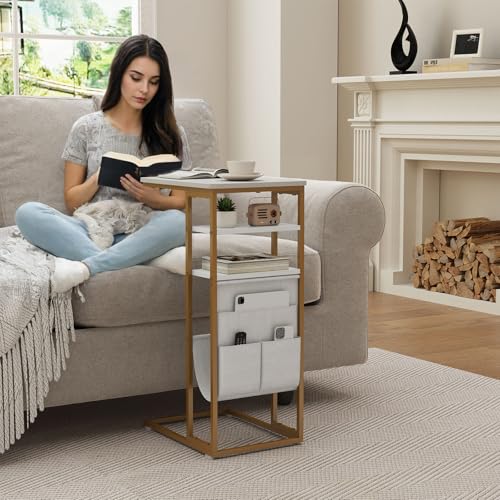 C Shaped End Table 28"(H) 3-Tier C Table with Storage Bag, Under Couch Table C-Shaped End Table with Storage Shelves and Bag for Living Room, Bedroom, or Office - color: Gold, size: Wood