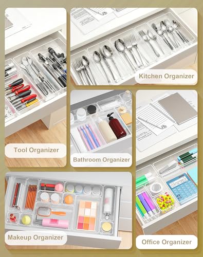 15Pcs Clear Plastic Drawer Organizers Set, 4size makeup drawer organizer trays for vanity/desk/bathroom/office/nightstand/gadgets for kitchen/desk drawer, Versatile drawer divider storage bins - size: 15Pack