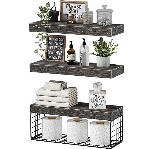 QEEIG Bathroom Shelves Over Toilet - Wall Mounted Floating Shelves Toilet Paper Storage Small Farmhouse Decor Shelf 16 inch Set of 3, Grey (019-GY3) - color: D. Grey, size: 3pcs