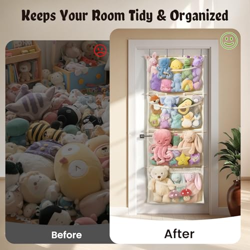 Over Door Large-Capacity Stuffed Animal Storage with Metal Hook & Wooden Stick, Hanging Plush Animal Bear Doll Toy Organizer Net Hammock Behind Door, Boho Nursery Dorm Bedroom Decor for Girl Boy Kid