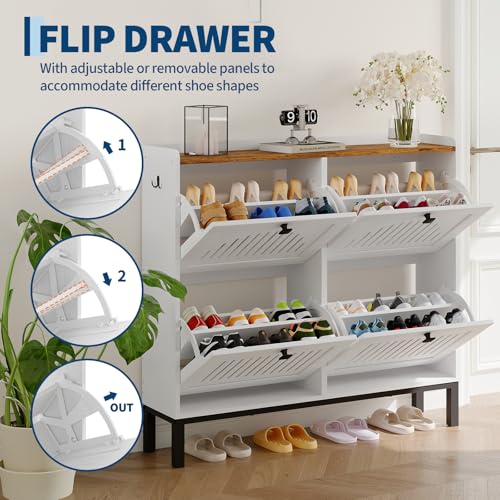 4-Door Flip Front Shoe Cabinet with Adjustable Shelves – Hidden Entryway Storage Organizer for Hallway, Foyer, Living Room – Freestanding Wooden Shoe Rack with Large Capacity & Modern Design, White - color: White & Rustic, size: 9.45"D x 41.34"W x 37.9"H