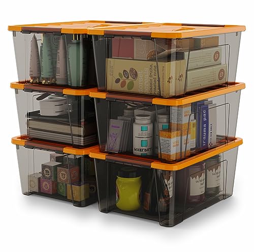 WYT 5-Quart Small Storage Container Bin with Orange Secure Lid and Black Clear Latch Buckles, Durable Plastic Stackable Nestable Organizin, 6-Pack - color: Orange