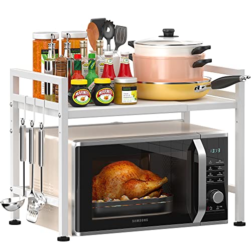 PUSDON Expandable Microwave Oven Rack, 2-Tier Countertop Baker's Rack Style Shelf, Heavy Duty Carbon Steel Stand with 3 Hooks, 160lbs Capacity Modern Kitchen Organizer, White - color: White, size: H-frame 2 tier