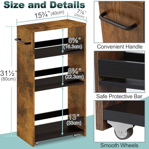 MARTY Rolling Storage Cart 7.9" W, 4-Tier Narrow Kitchen Cart with Wheels Handle, Slim Storage Mobile Shelving Utility Carts for Bathroom Laundry Room Organization Small Spaces(Rustic Brown) - color: Brown+black, size: 7.9"D x 15.75"W x 31.5"H