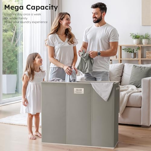 SOLEDI 180L 3-Section Laundry Hamper with Lid, Extra Large Dirty Clothes Basket with Sturdy Handles for Laundry Room & Bedroom - Durable Organizer for Sorting Laundry - color: Concrete Gray, size: 180L