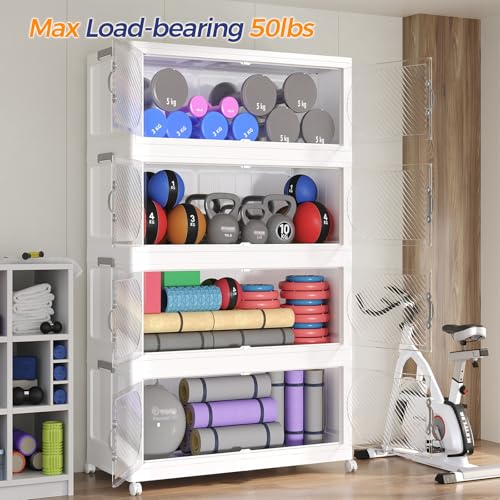640QT Extra Large Stackable Storage Bins with Lid & Wheels & Doors, 160Gal Foldable Collapsible Closet Organizers, Plastic Cabinet Box Container Drawer for Home Kitchen Bedroom, 4Pack White - size: 160QT, style: 4Pack