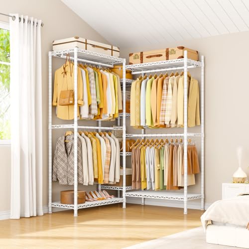 Ulif E4L L-shaped Clothing Rack for Corner, Heavy-Duty Freestanding Garment Rack, Metal Clothes Storage Organizer System with Shelves and Hangers, Max Load 962lbs, 42.7" W x 42.7" D x 79.3" H, White - color: White