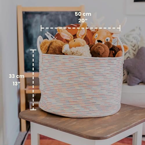 OrganiHaus Large Woven Storage Basket for Blankets and Toys 20" x 13" Inch, Rope Laundry Basket with Handles, Cushions & Pillows Storage Bin, Nursery Hamper, Soft Round Dog Toy Bin - Rainbow Stitches - color: Stitches Rainbow, size: Wide