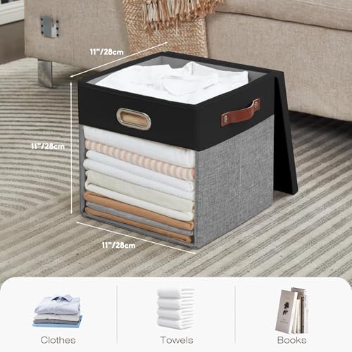Ultra Thick Fabric Storage Cubes with Lids & Windows, 11-Inch Foldable Closet Storage Bins with 3 Handles, Home Decorative Boxes for Bedroom, Living Room, Dorm, Office (Black & Gray) - color: Black&Gray, size: 11"L x 11"W x 11"H